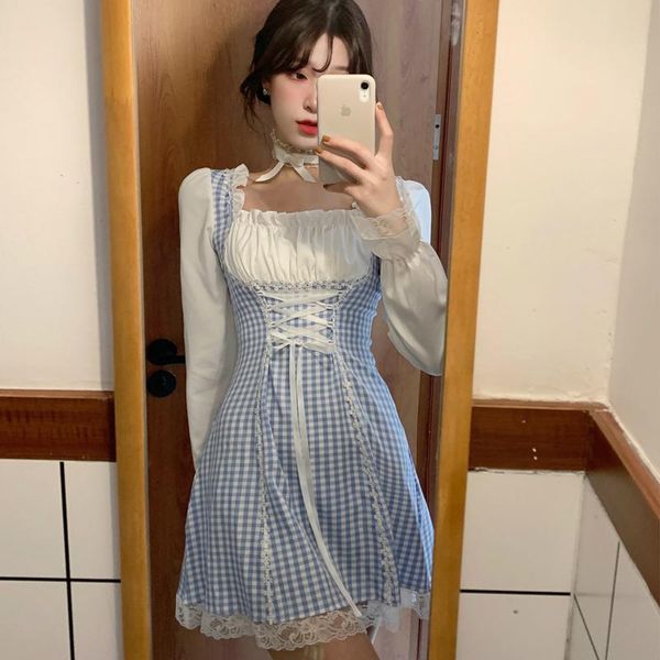 

casual dresses 2021 spring autumn japanese sweet cute lace up puff sleeve plaid dress korean soft girl kawaii baby doll mini women y2k, Black;gray