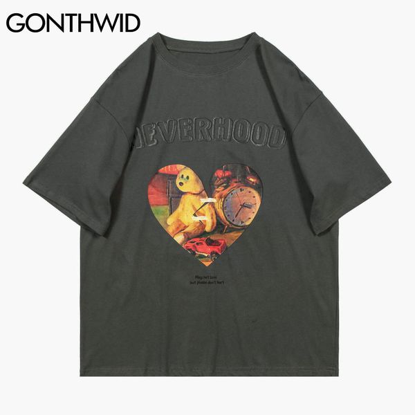 

gonthwid tees shirts broken heart painting short sleeve tshirts streetwear harajuku hip hop fashion casual cotton loose men c0315, White;black