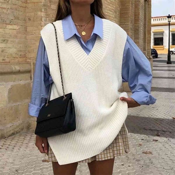 

women's vests fashion women v-neck sweater tanks elegant ladies loose streetwear female causal long girl chic ceou, Black;white