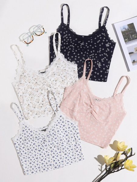 

4pcs ditsy floral contrast lace crop cami e2t4#, White