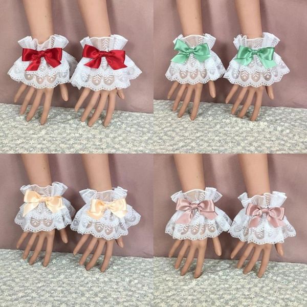 

five fingers gloves for wedding party maid cosplay bracelet bowknot lace lolita hand sleeve wrist cuffs sweet ruffled, Blue;gray