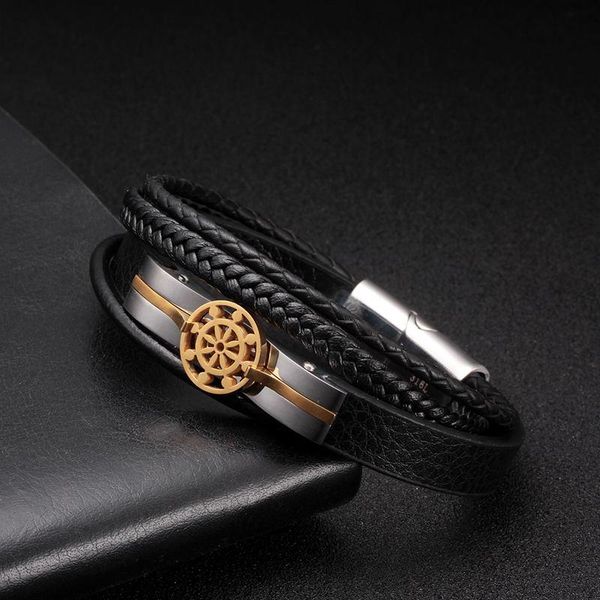 

link, chain punk multi-layer men male sporty charm genuine leather bracelets trendy anchor stainless steel link homme, Black