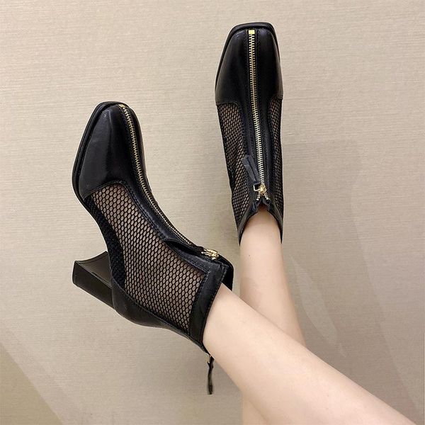 

boots round toe summer women female shoes boots-women ladies 2021 white rubber mid calf low rock mid-calf high heel flock, Black