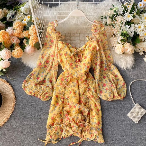 

casual dresses 2021 spring summer women chiffon floral print mini dress square collar elegant bodycon chic lace up bow vestidos a52, Black;gray