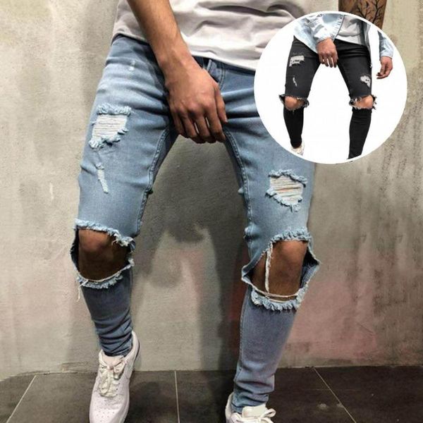 

men's jeans cool fabulous discolored hole men pants slim for going out, Blue