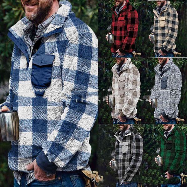 

men's plush plaid round neck sweater, short sved et, large loose clothing, Black;brown