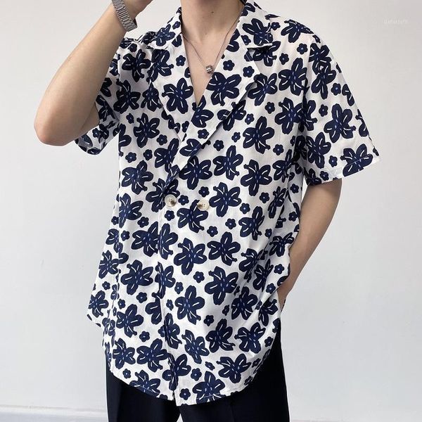 

men's casual shirts male korean streetwear vintage fashion beach shirt loose short sleeve suit style collar flower, White;black