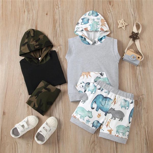 

clothing sets little boys print clothes set sleeveless hooded with pocket and short pants 2-piece suits, White