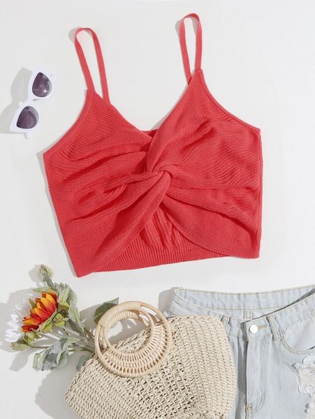 

plus solid twist front cami knit d6oy#, Black