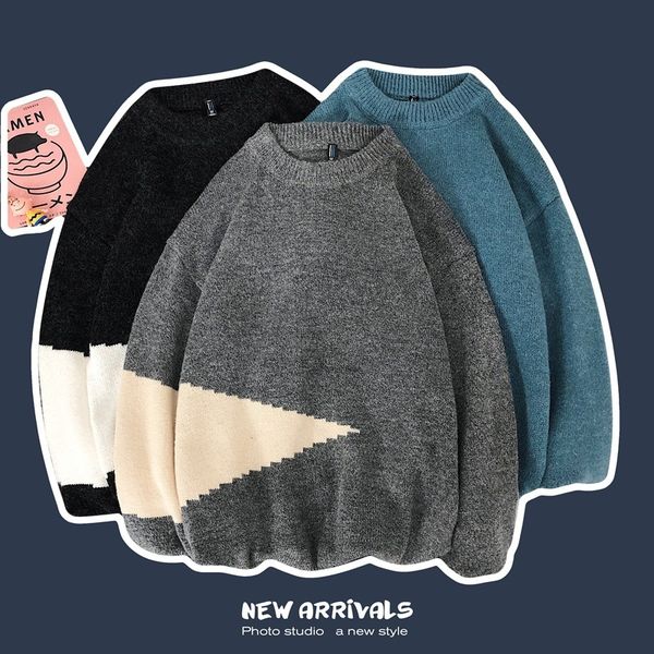 

colorblock winter sweater mens brand contrast patchwork men pullover casual warm korean style couple pull outwear 210524, White;black