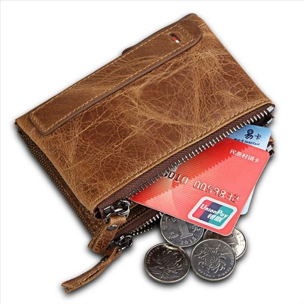 

genuine cow leather men wallets rfid double zipper card holder male purse vintage coin, Red;black