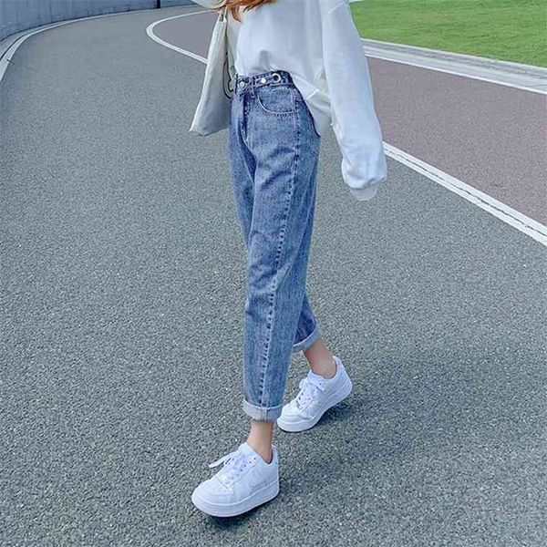 

loose high waist denim harem pants women 2021 new casual mom jeans straight leg trousers korean fashion sweatpants female, Blue
