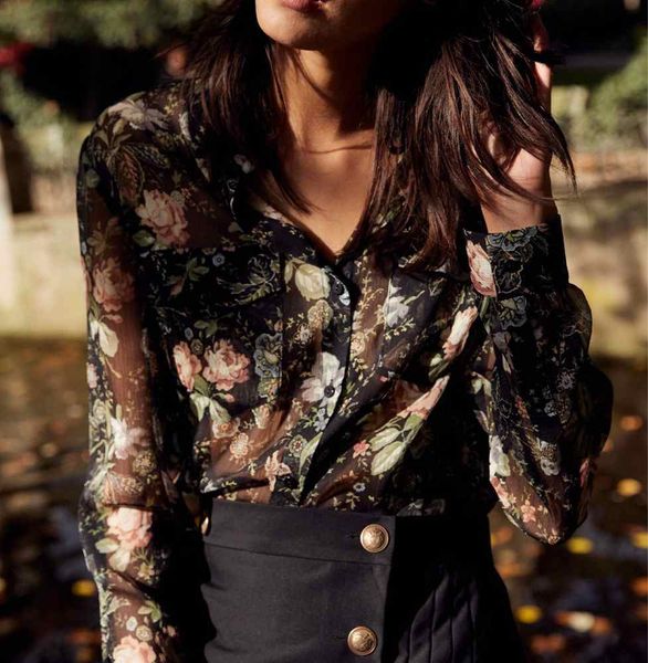 

shirt 100% polyester black bottom butterfly floral print shell button micro-transparent double pocket hqq5, White