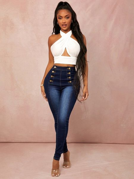 

sxy double breasted skinny jeans 35va#, Blue