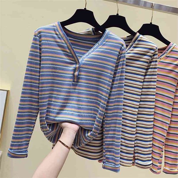 

cotton t shirt women striped tee female long sleeve tees v-neck button t-shirt autumn winter 210507, White
