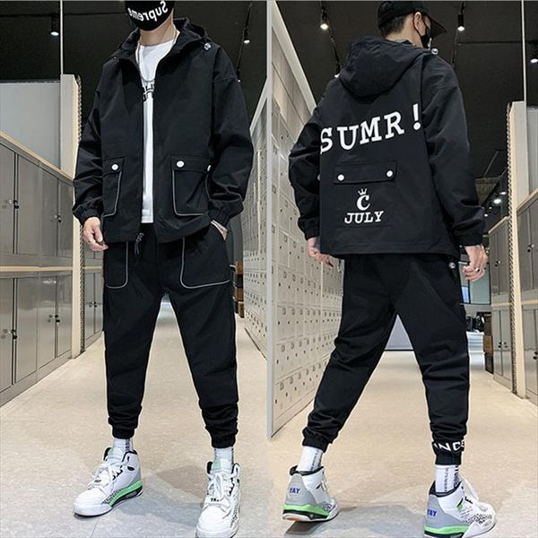 

fashion 2 pcs sets mens tracksuit cargo reflective hip hop jacket pants streetwear set solid joggers, Gray
