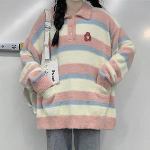 

women's sweaters women ulzzang rainbow stripes vintage -neck girls pullovers student casual all-match ins loose sweater, White;black