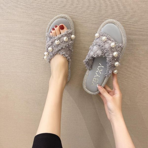 

sandals casual women's pearl flat slippers wedge beach shoes zapatillas mujer female footwear, Black