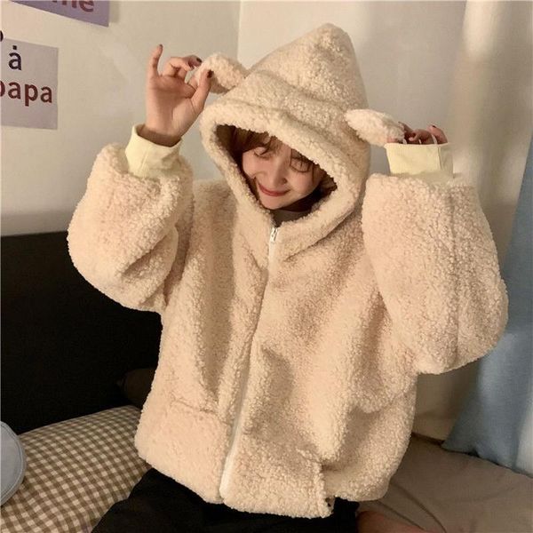 

women's fur & faux fleece hooded sweatshirt solid lambskin long sleeve hoodies ladies warm outerwear pullovers drawstring moletom, Black