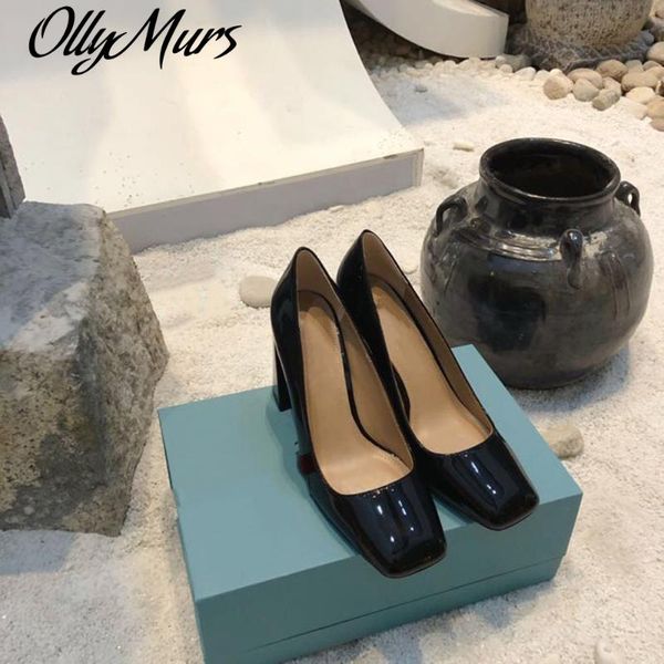 

ollymurs fashion pumps genuine leather women's shoes square toe high heels dress party, Black