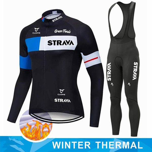

racing sets strava 2022 winter thermal fleece set men long cycling clothes sport riding bike mtb clothing bib pants warm ropa ciclismo, Black;blue