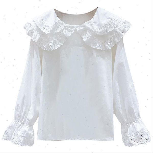 

spring autumn style solid color women shirts peter pan collar long sleeve ruffles elegant casual dd8436, White