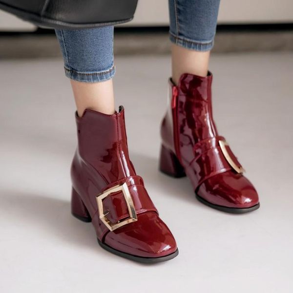 

boots square buckle thick heel patent leather women's shoes student casual size 40-47, Black