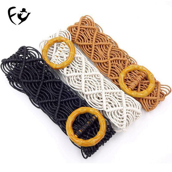 

bamboo round buckle bohemian wax rope hand-woven ladies belt wooden woven ethnic skirt belts, Black;brown