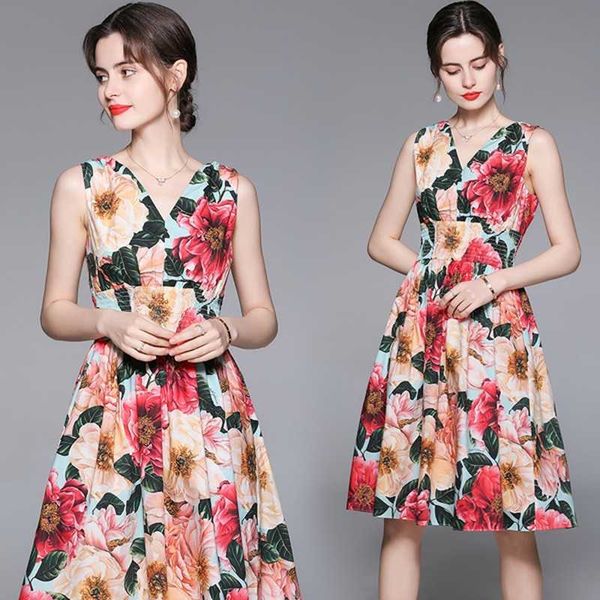 

summer fashion elegant women v-neck camellia floral multicolor flower print elastic waist holiday beach midi dress 210531, Black;gray