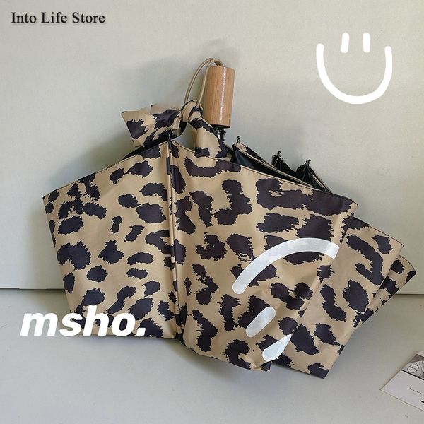 Ombrello pieghevole UV automatico leopardo pioggia donna donna vintage per ragazze ombrellone viso sorridente idea regalo UPF50+