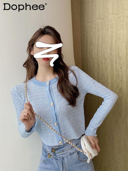 

women's knits & tees long-sleeved elegant knitted cardigan spring and autumn all-match short slim fit bottoming fairy sweater, White