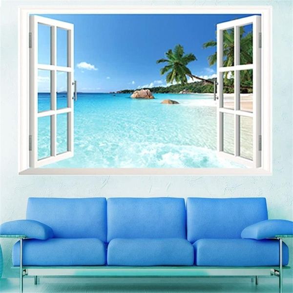 

wall stickers #68 large 3d sea window sticker view removable pvc summer beach diy home decor decals 2021