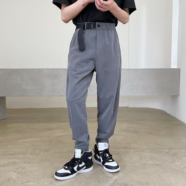 

men's pants adjustable hem elastic waist comfortable fabric korean style casual ankle-length suit male women harem pant trousers mwz6, Black