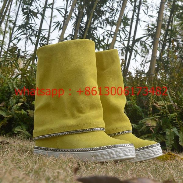 

boots real pos lemon yellow woman inner wedge comfortable winter chain side, Black