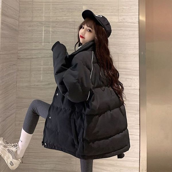 

winter thickened warm stand collar loose long black sleeved cotton padded jacket women's