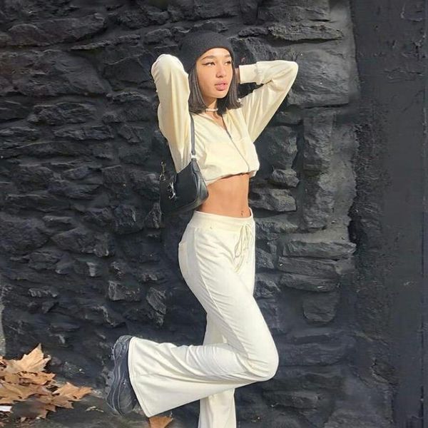 

women's causal trousers 2021 spring and summer solid color loose high waist fashion sports leisure flared pants & capris, Black;white