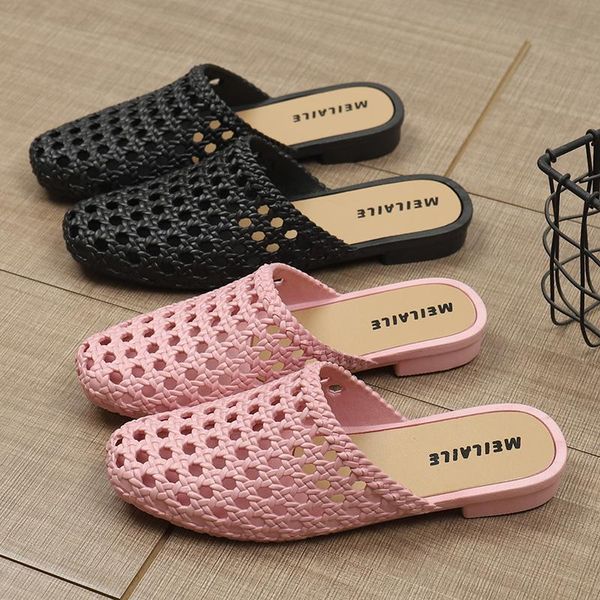 

slippers summer closed toe hole shoes women's flat for outdoors non-slip breathable plastic beach middle-aged mom sandals, Black