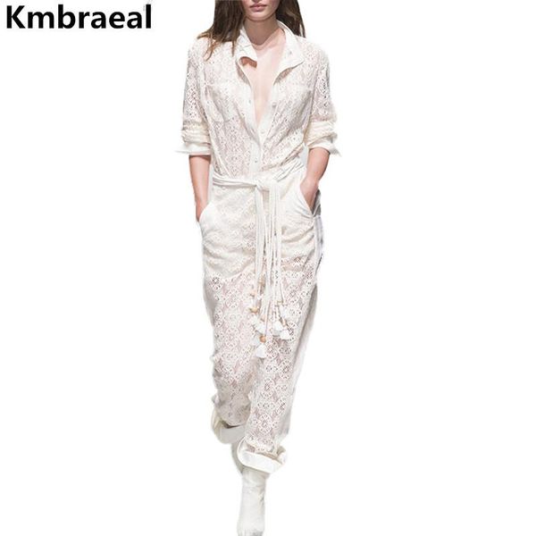 

women's jumpsuits & rompers europe lace summer hollow out lace-up long playsuits white office lady single-breasted bodysuit, Black;white