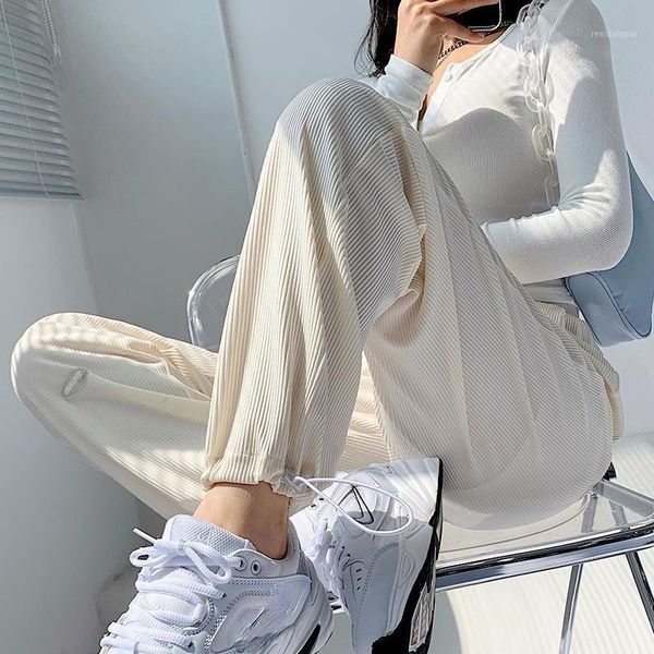

women's pants & capris women's sports 2021 summer fashion casual loose solid white elastic waist ice silk sweatpants women wide leg, Black;white