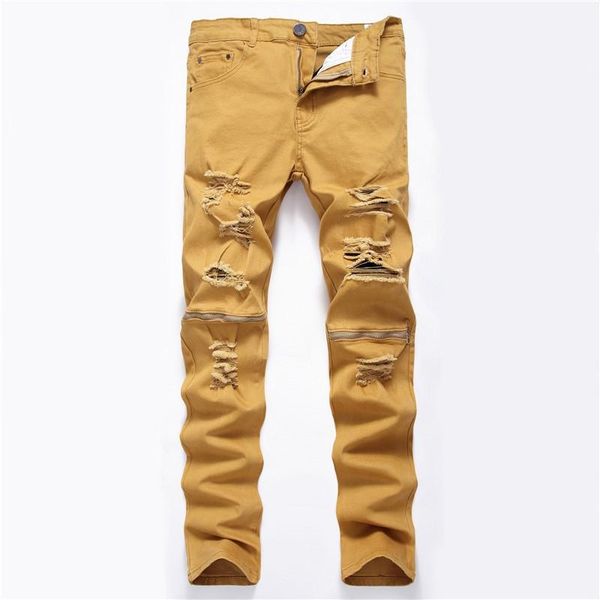 

men's jeans men slim fit holes zipper stretch trousers trend white black destroy hip hop casual daily demin for male, Blue