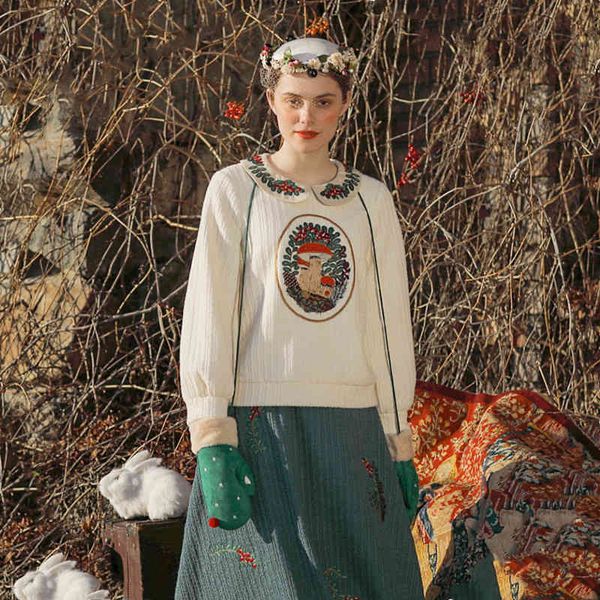 

women's sweaters original design women autumn winter vintage mori girls sweet mushroom embroidery cute white knitted pullover u3x7, White;black