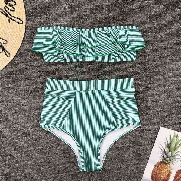 

women's swimwear high waist bikini women striped biquini ruffled swim bathing suit off shoulder swimsuit vintage bikinis b40t, White;black