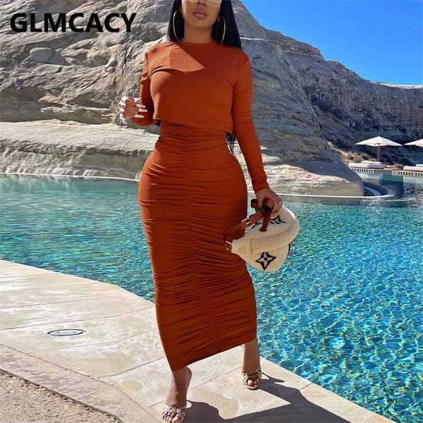 

women two piece ruched dress set long sleeve crop & casual maxi skirt set 211108, White