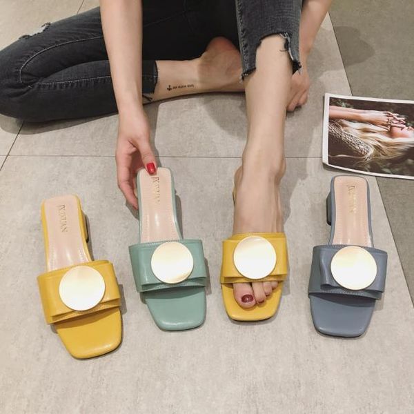 

slippers summer women's sandals low-heeled fashion candy-colored bow sweet lady drag open toe, Black