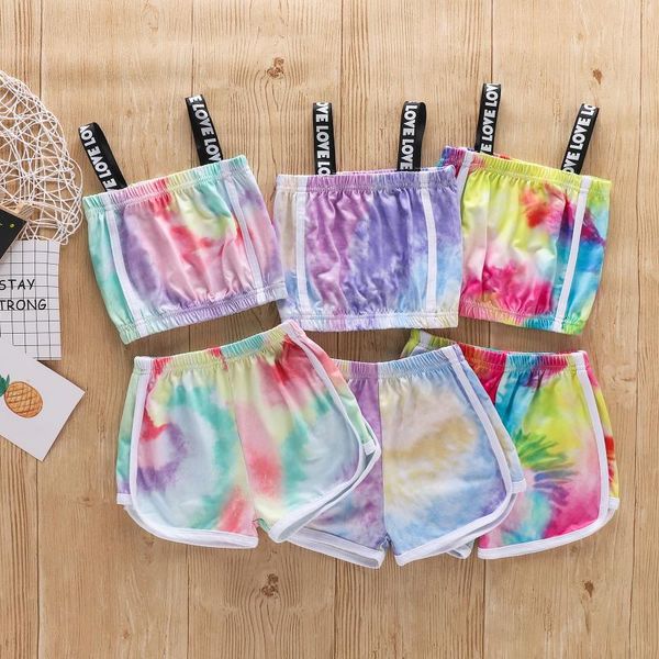 

clothing sets fashion toddler kids girls tie dye clothes summer children love print sleeveless vest +shorts casual tracksuits, White