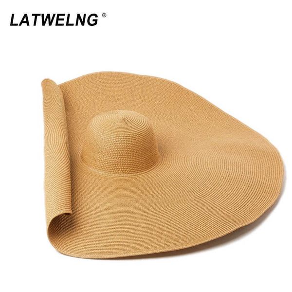 

super bigger brim wide straw hats for women foldable paper beach hat summer sun uv stage cap drop wholesale 210611, Blue;gray