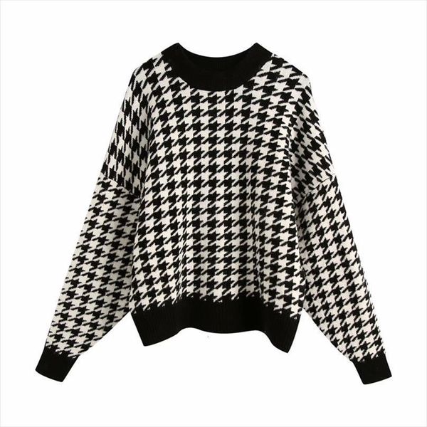 

evfer women casual winter sweater warm loose knitted pullover female fashion o neck long sleeve oversize plaid chic, White;black