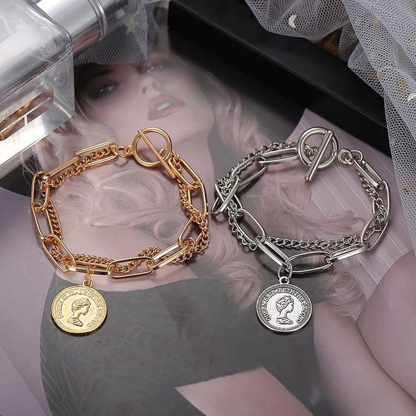 

link, chain retro round head portrait pendant bracelets for women simple double layer gold silver color bracelet femme jewelry, Black