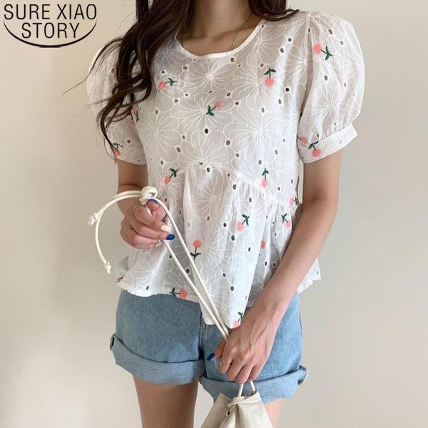 

women's blouses & shirts women summer chic embroidered flower hollow out short sleeve shirt sweet fashion 13650, White
