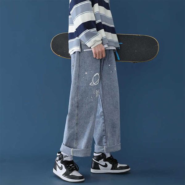 

men's jeans graffiti man straight skateboard loose chic salt series versatile wide leg daddy high street fashion hip hop streetwear, Blue